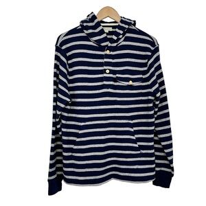 J. Crew Mens Stripe Pullover Henley Hoodie Sweater Small Blue Gray Lightweight